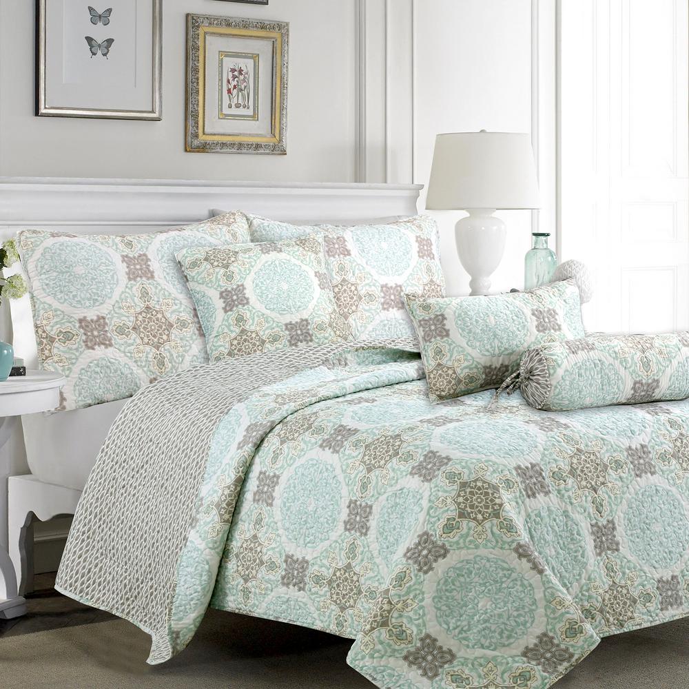 Cozy Line Home Fashions Sophisticated Shabby Chic Modern Ogee Trellis Medallion 3 Piece Grey Green Aqua Mint Cotton King Quilt Bedding Set Bb2019 009k The Home Depot