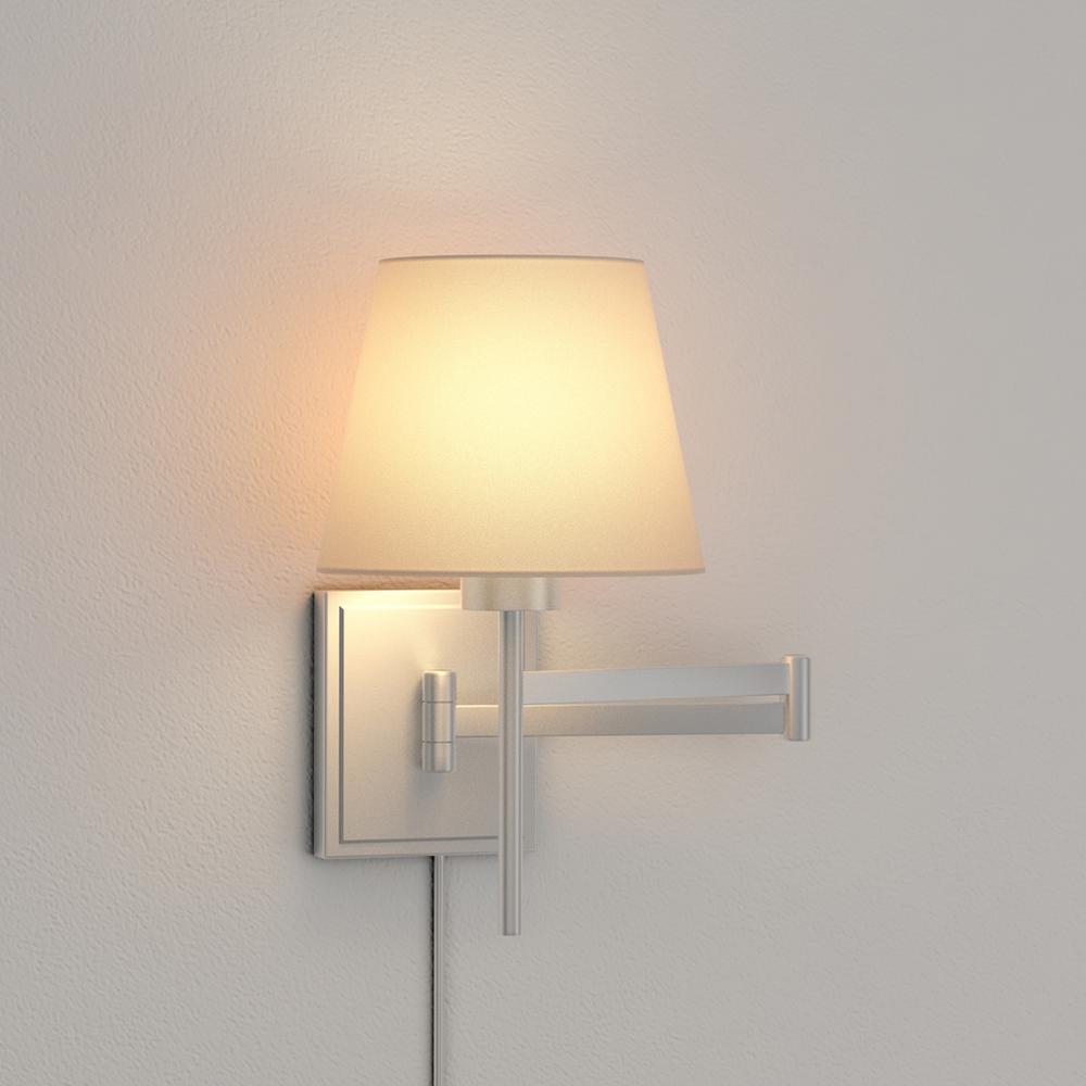 Hampton Bay 1 Light Brushed Nickel Swing Arm Sconce With White Linen Shade 18020 The Home Depot