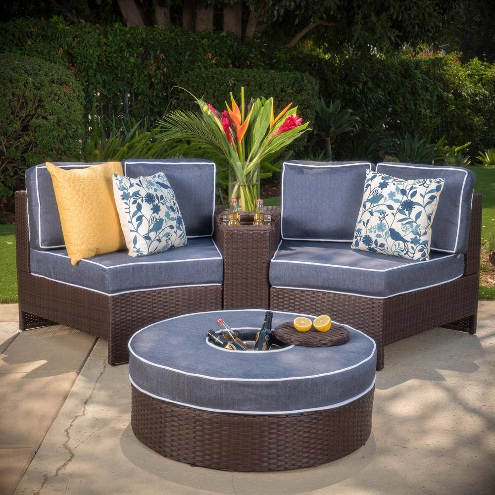 Noble House 4-Piece Wicker Patio Sectional Seating Set with Navy Blue