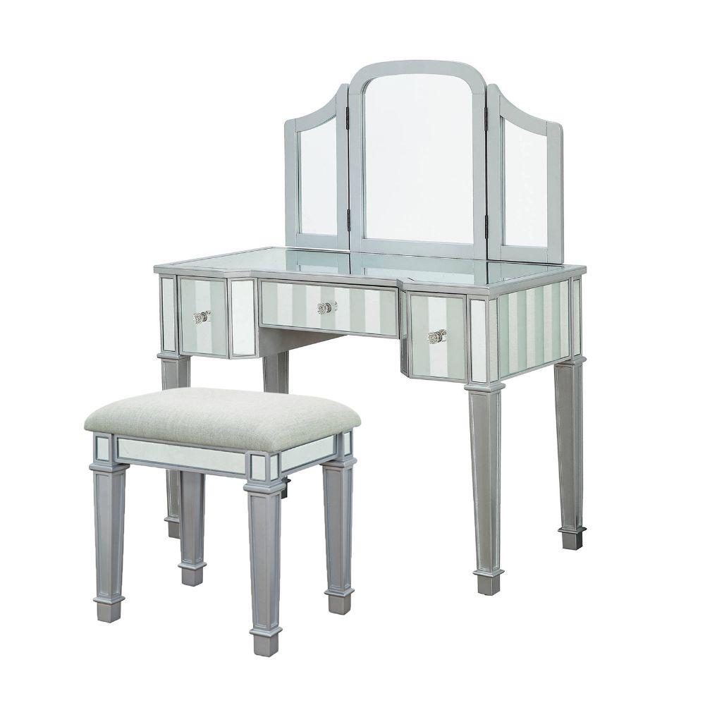 William's Home Furnishing Athy Silver Vanity with Stool Included 9Storage Drawers, Knob Pulls
