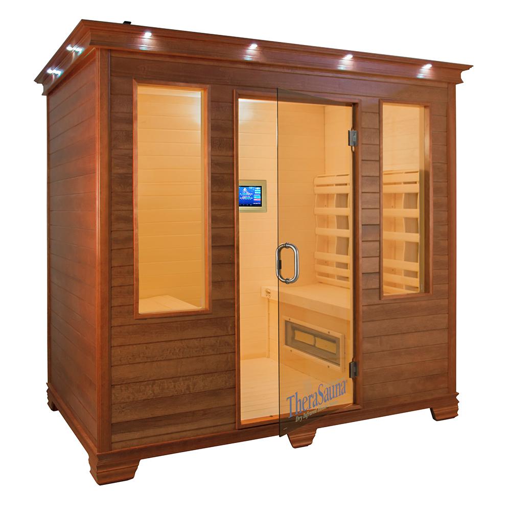 TheraSauna 4-Person Face to Face Infrared Health Sauna with MPS Touchview Control Aspen Wood and 12 TheraMitter Heaters For Sale