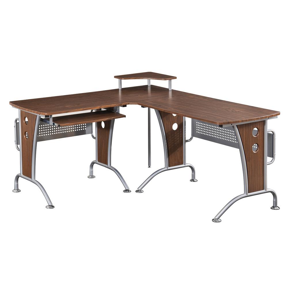 Mahogany Deluxe L-Shaped Tempered Frosted Glass Top Computer Desk with Pull Out...