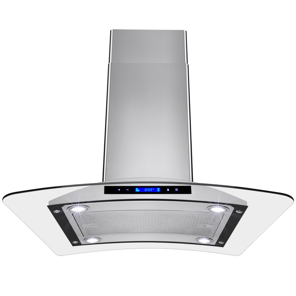 Akdy 30 In Convertible Kitchen Island Mount Range Hood In Stainless Steel With Tempered Glass And Touch Controls