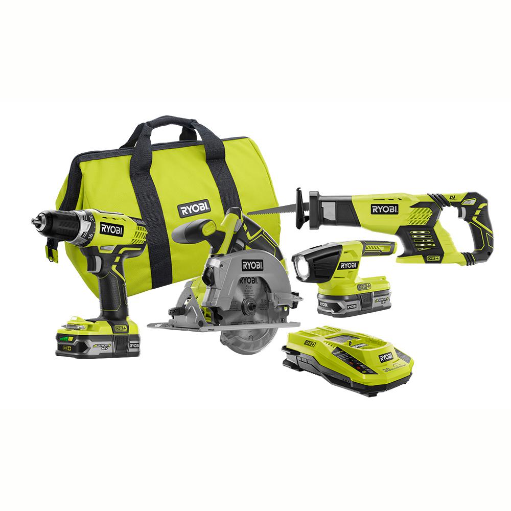 Ryobi 18-Volt ONE+ Lithium-Ion Cordless (4-Tool) Combo Kit with (2) 1 ...