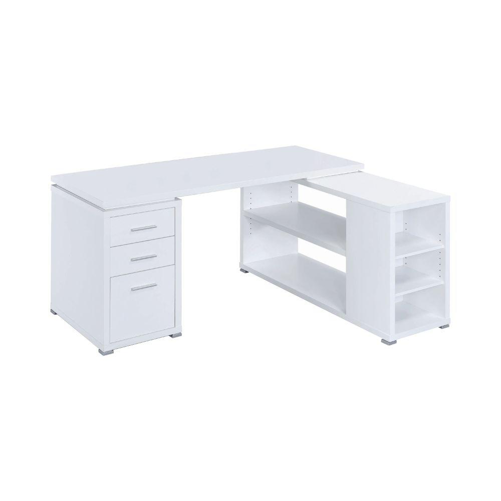 Benjara Contemporary L Shaped White Office Desk With 3 Drawers And