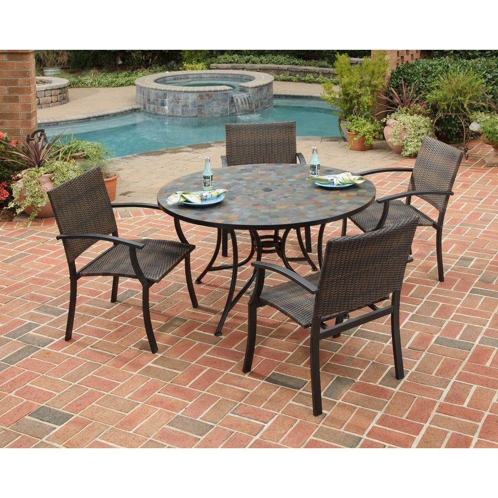 Home Styles Stone Harbor 51 In 5 Piece Slate Tile Top Round Patio 5 Piece Slate Tile Top Round Patio Dining Set With Newport Chairs 5601 36812 The Home Depot