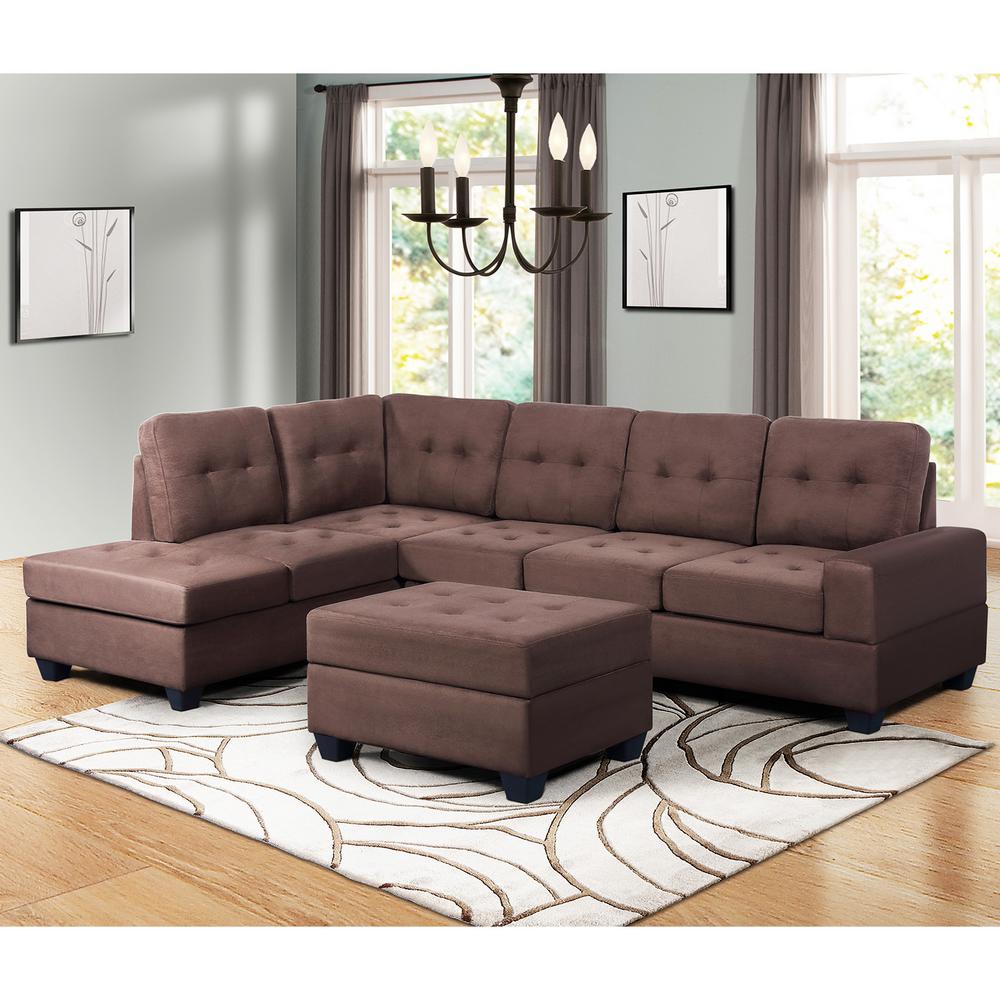Harper Bright Designs Brown 3 Piece Sectional Sofa Microfiber With Brown 3 Piece Sectional Sofa Microfiber With Reversible Chaise Lounge Storage Ottoman And Cup Holders