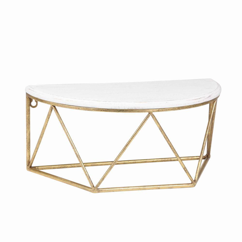 Benjara White and Gold Wood and Metal Wall Shelf with Half Moon Shaped