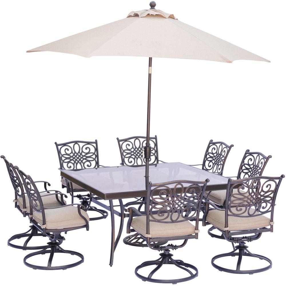 Hanover 9 Piece Outdoor Dining Set With Square Glass Top Table And Hanover 9 Piece Outdoor Dining Set With