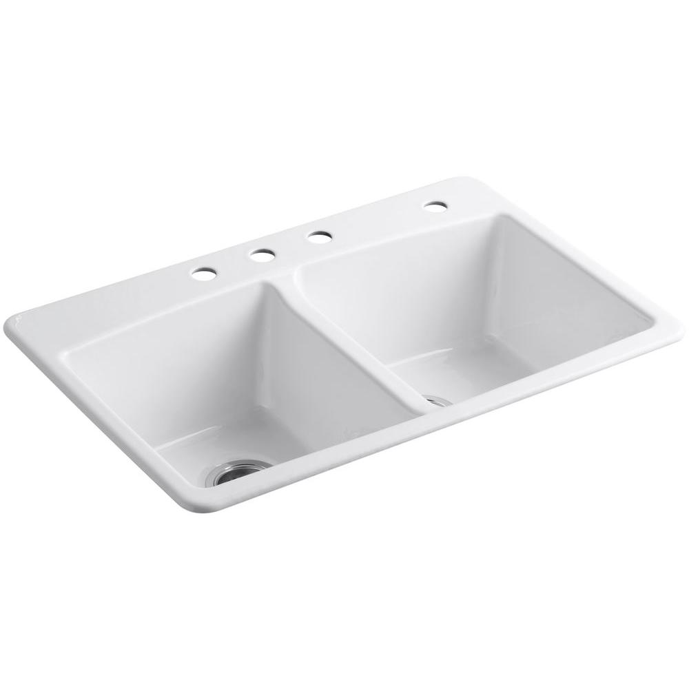 Kohler Brookfield White Cast Iron 33 In 4 Hole Double Bowl Drop In Kitchen Sink K 5846 4 0 The Home Depot