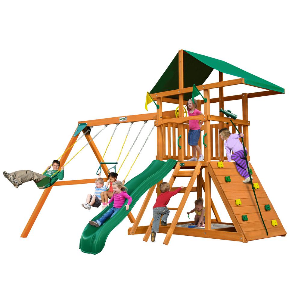 Gorilla Playsets Outing Iii Wooden Swing Set With Rock Wall And Slide