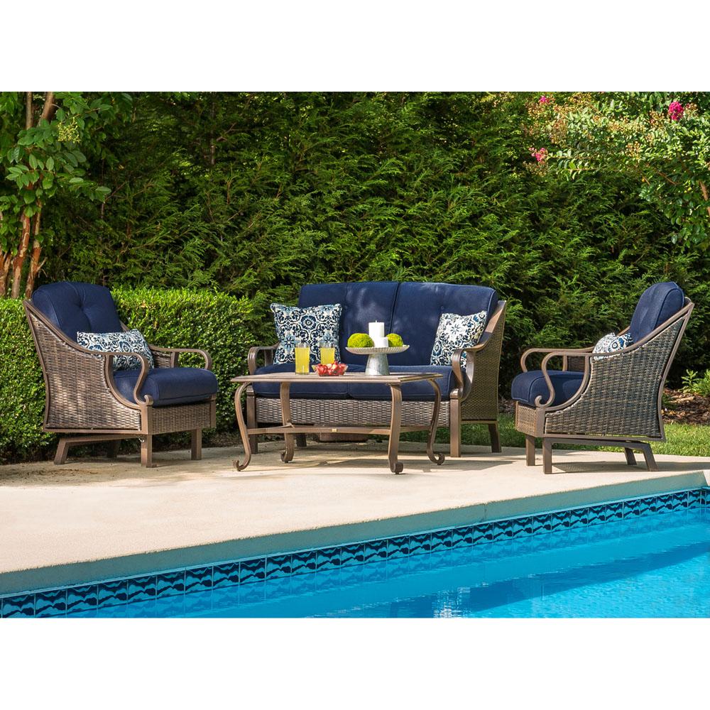 Hanover Ventura 4 Piece All Weather Wicker Patio Seating Set With Navy Blue Cushions Ventura4pc Nvy The Home Depot