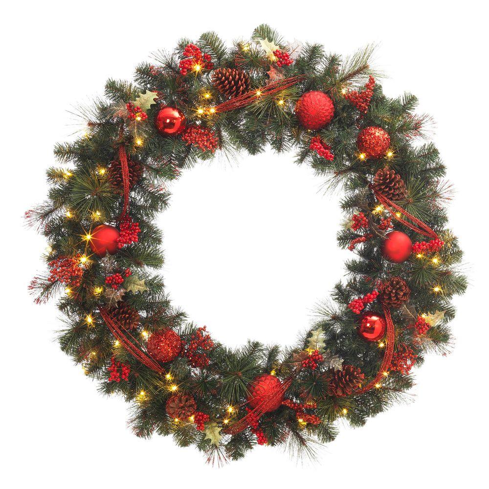 48 In Battery Operated Red Accented Artificial Wreath With 60 Clear Led Lights