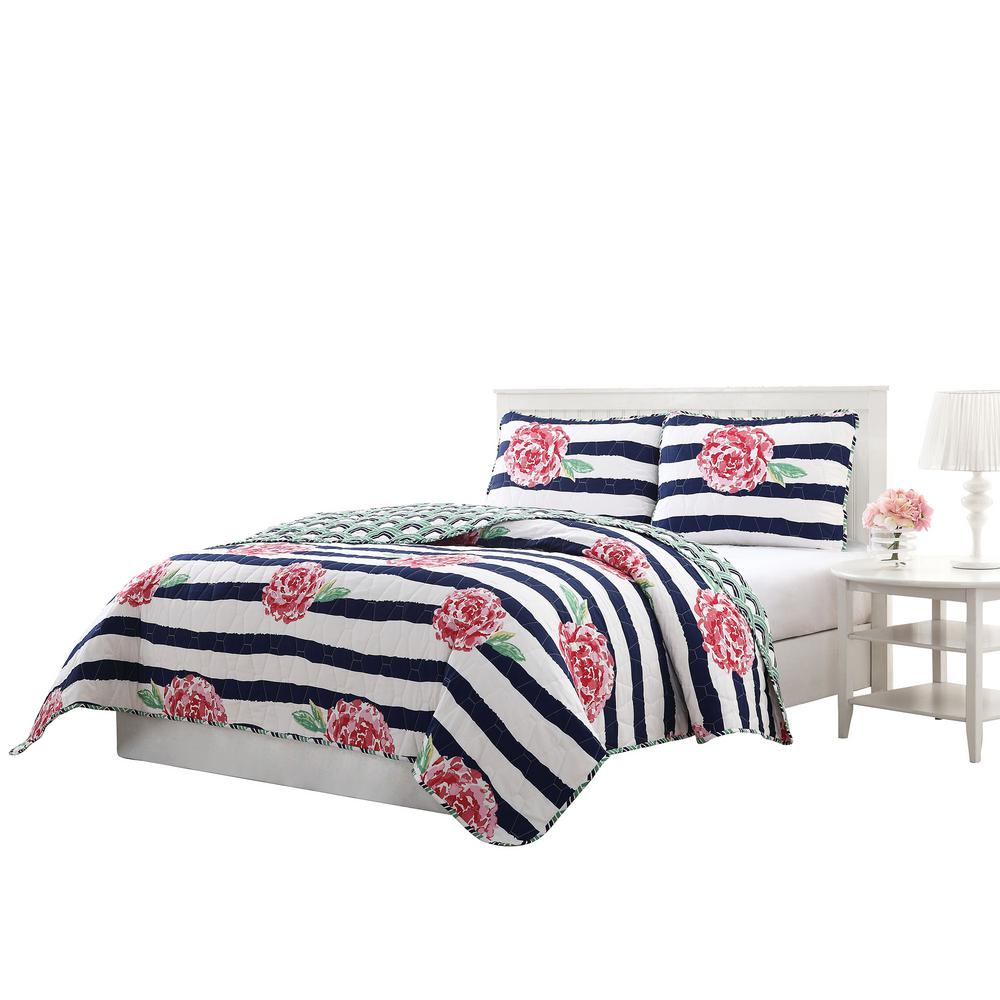 Marielle 3 Piece Navy Pink Green White King Quilt Set Ymz007304