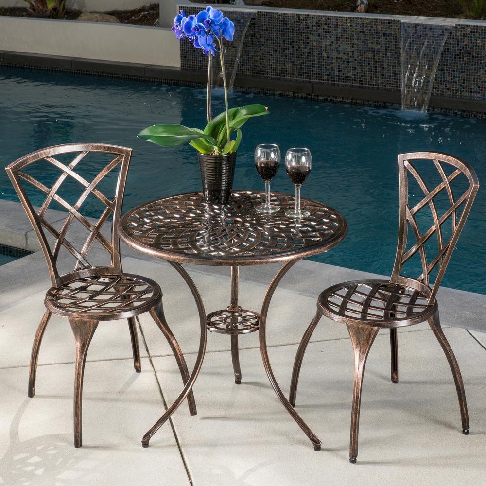 Noble House Modern Brown 3 Piece Aluminum Round Outdoor Bistro Set