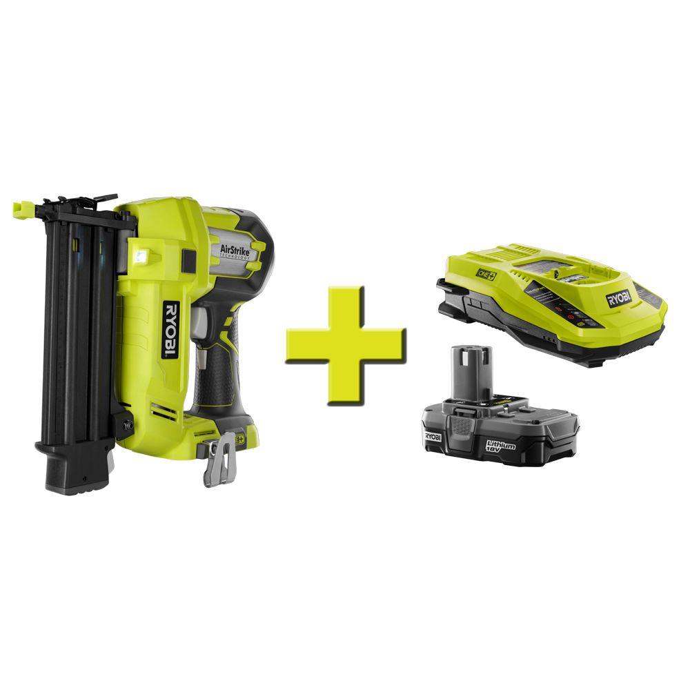 Ryobi 18-Volt ONE+ AirStrike 18-Gauge Cordless Brad Nailer And Lithium ...