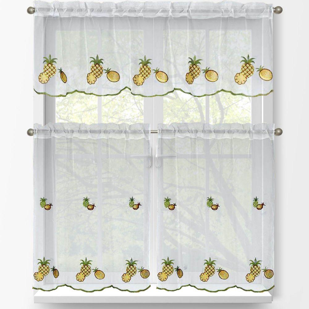 Window Elements Sheer Pineapple Embroidered 3 Piece Kitchen Curtain