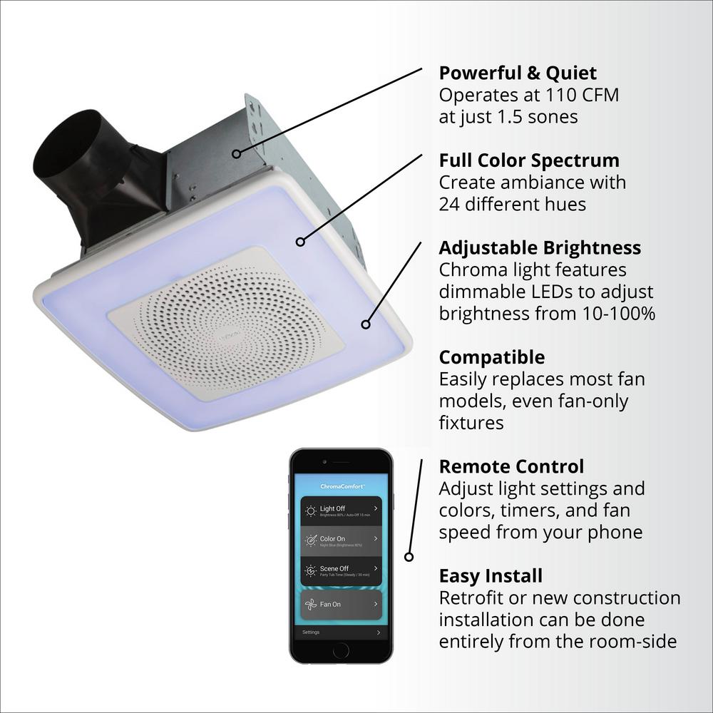 Broan Nutone Chromacomfort 110 Cfm Ceiling Bathroom Exhaust Fan W Customizable Multi Color Leds And Smart Phone App Aern110rgbl The Home Depot