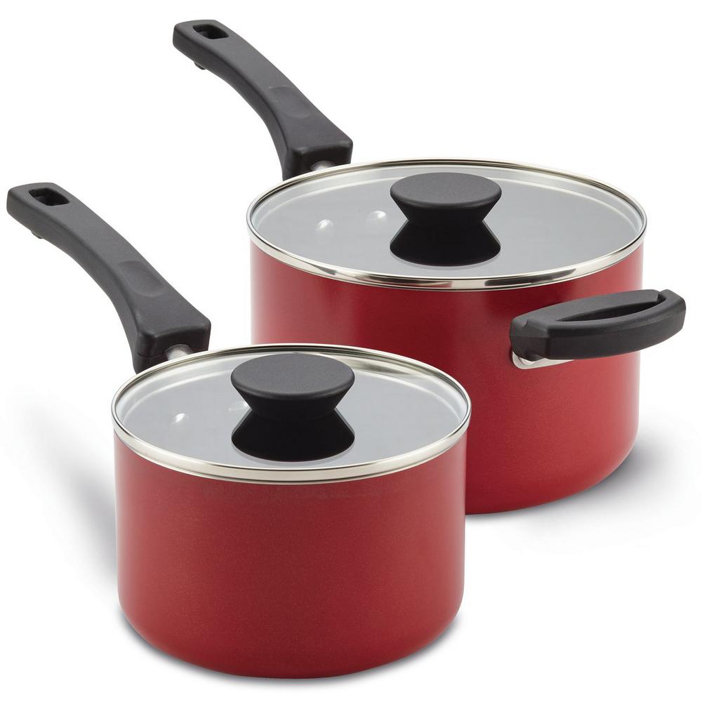 Farberware Neat Nest Space Saving 4 Piece Aluminum Nonstick Sauce Pan Set In Red 20505 The Home Depot