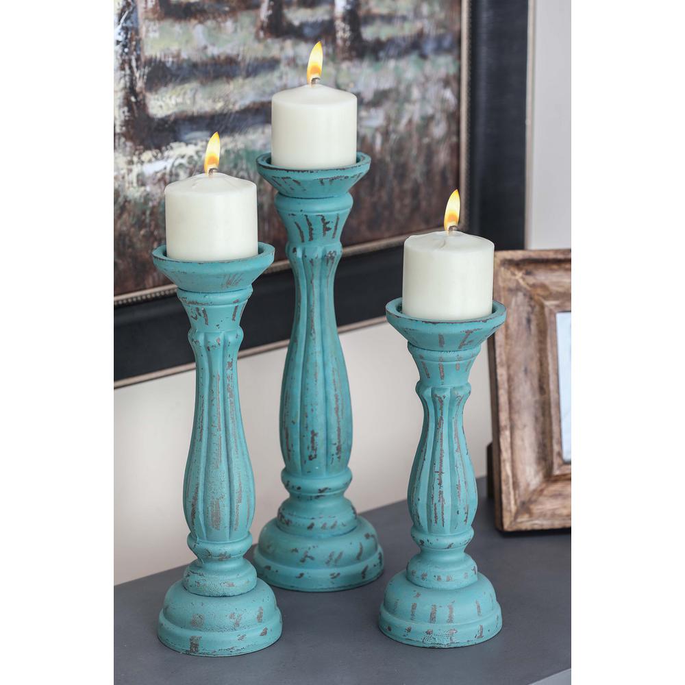 Litton Lane New Traditional Blue Wooden Candle Holders (Set of 3)-98765 ...