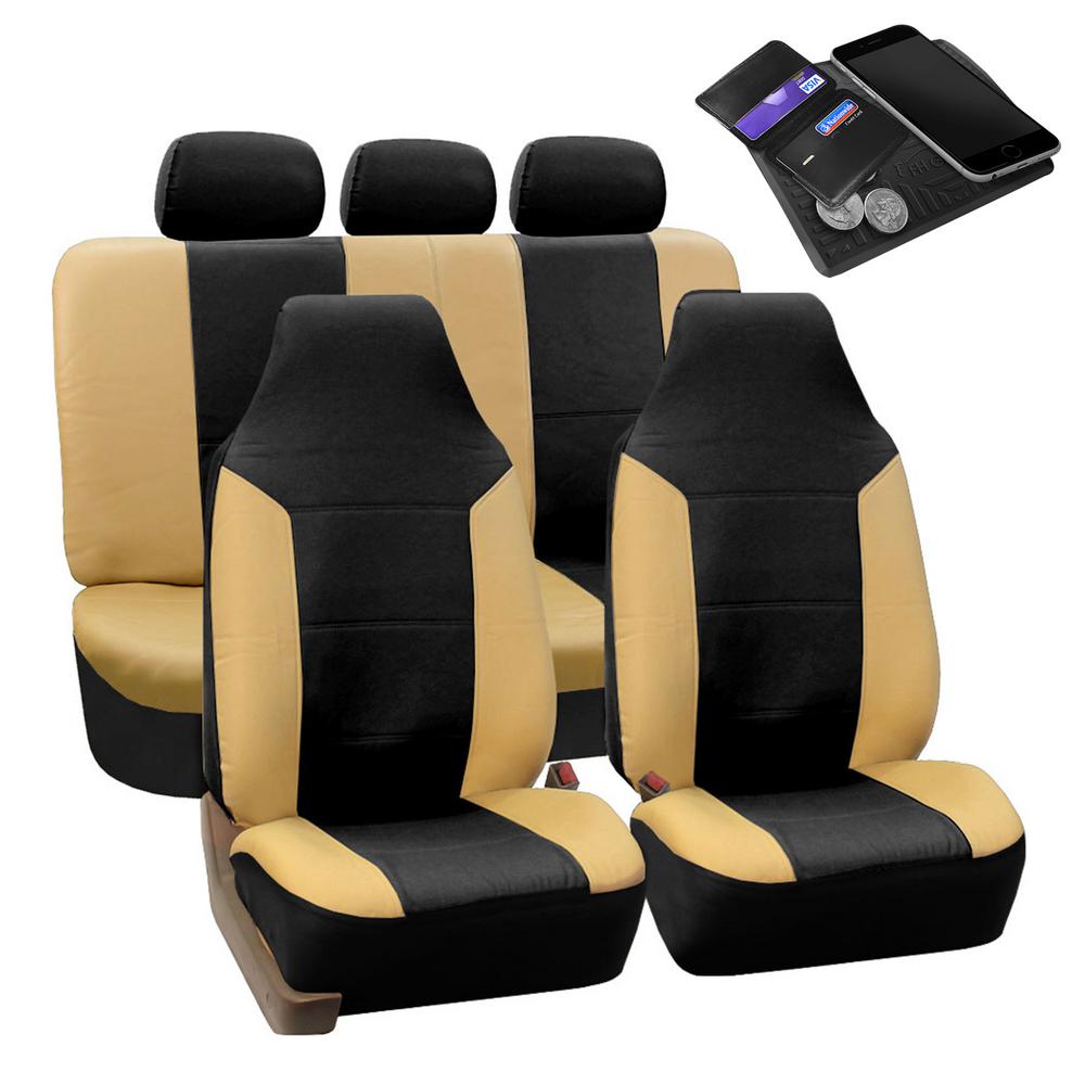 PU Leather Front Bucket Car Seat Covers Luxury Leather Beige w// Dash Mat