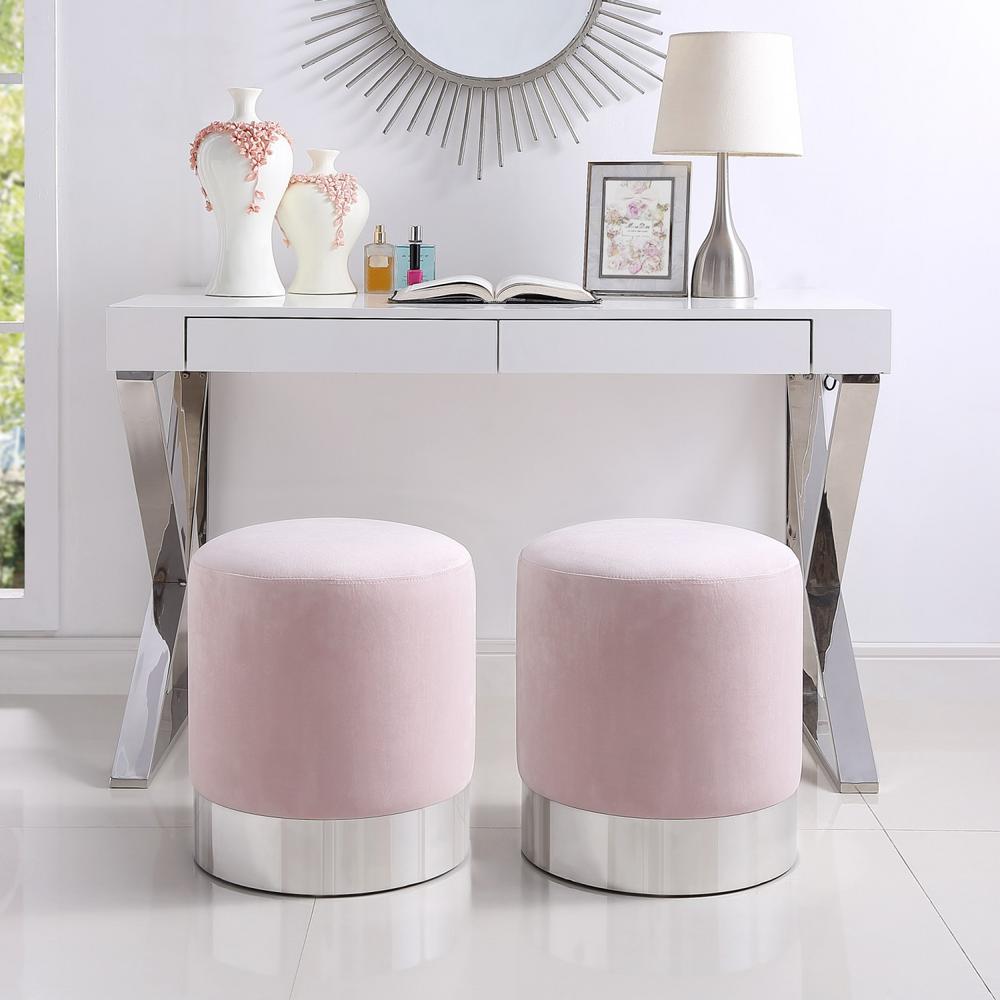 Inspired Home Caroline Blush Chrome Velvet Round Ottoman