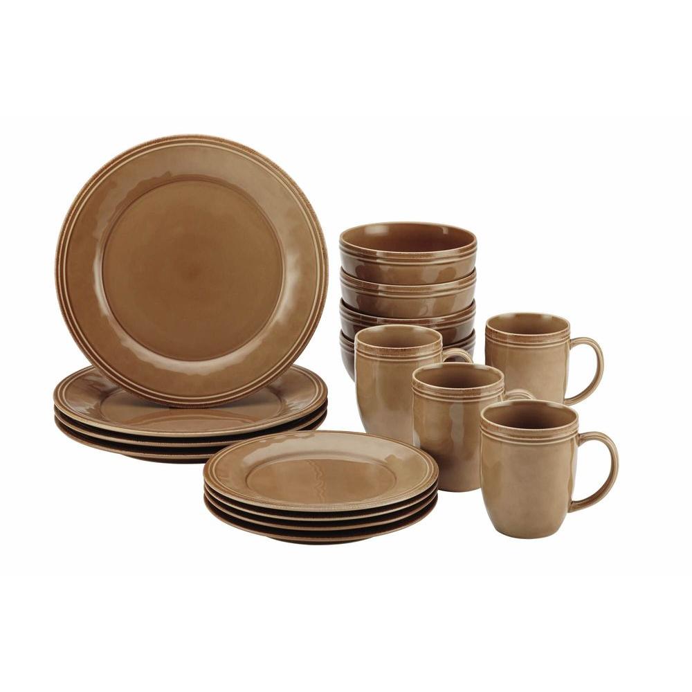 Rachael Ray Cucina 16 Piece Casual Mushroom Brown Stoneware Dinnerware Set Service For 4 55097 The Home Depot