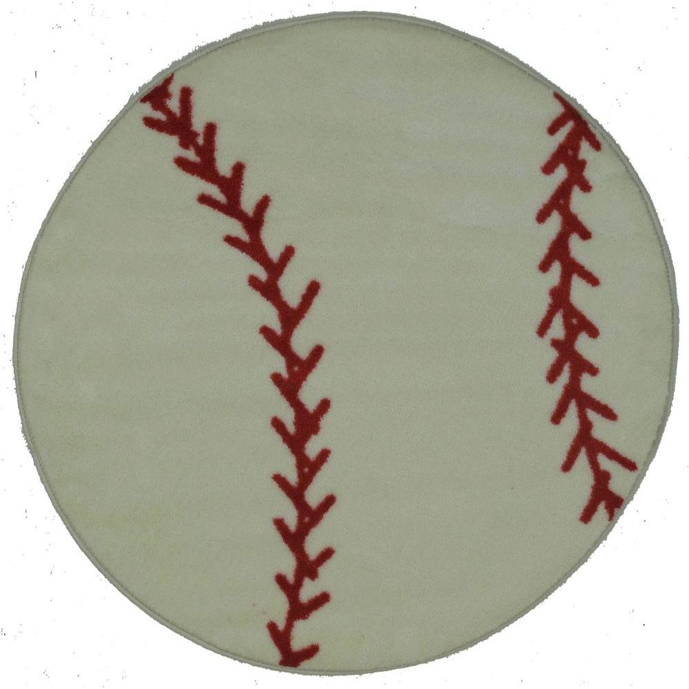 La Rug Fun Time Shape Baseball White And Red 3 Ft Round Area