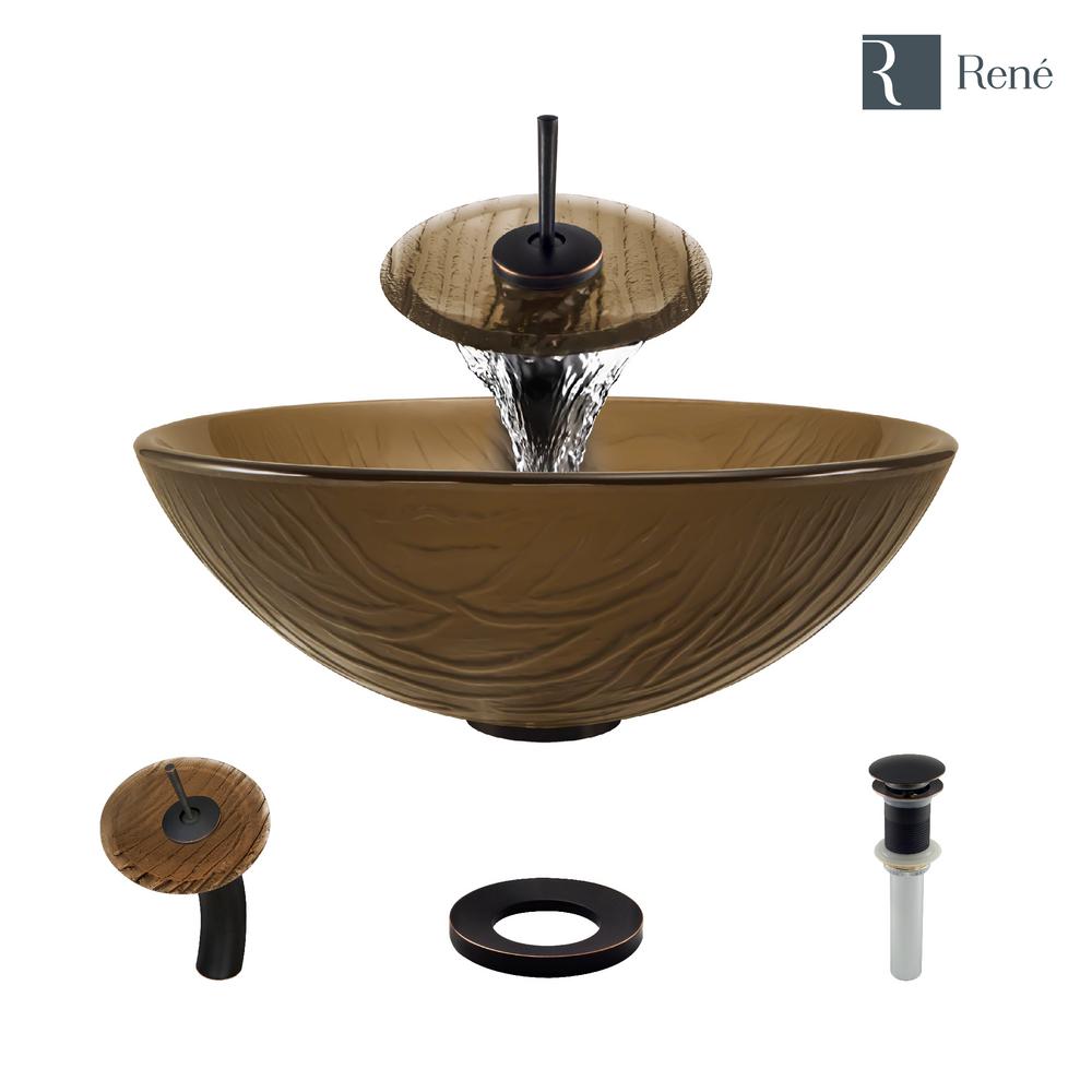 Rene Glass Vessel Sink in Tawny with Waterfall Faucet and PopUp Drain