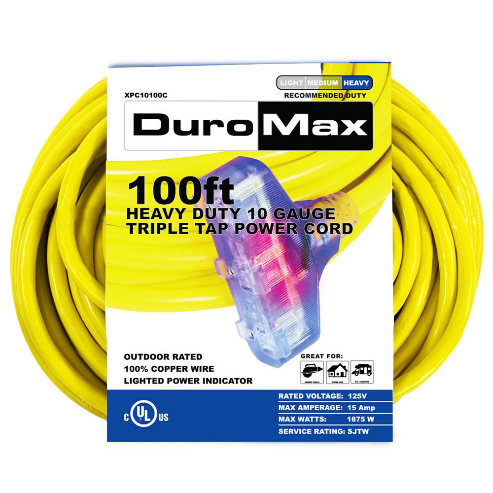 Duromax XPC10100C 100 ft. 10/3 Gauge Triple Tap Extension Power Cord by Duromax