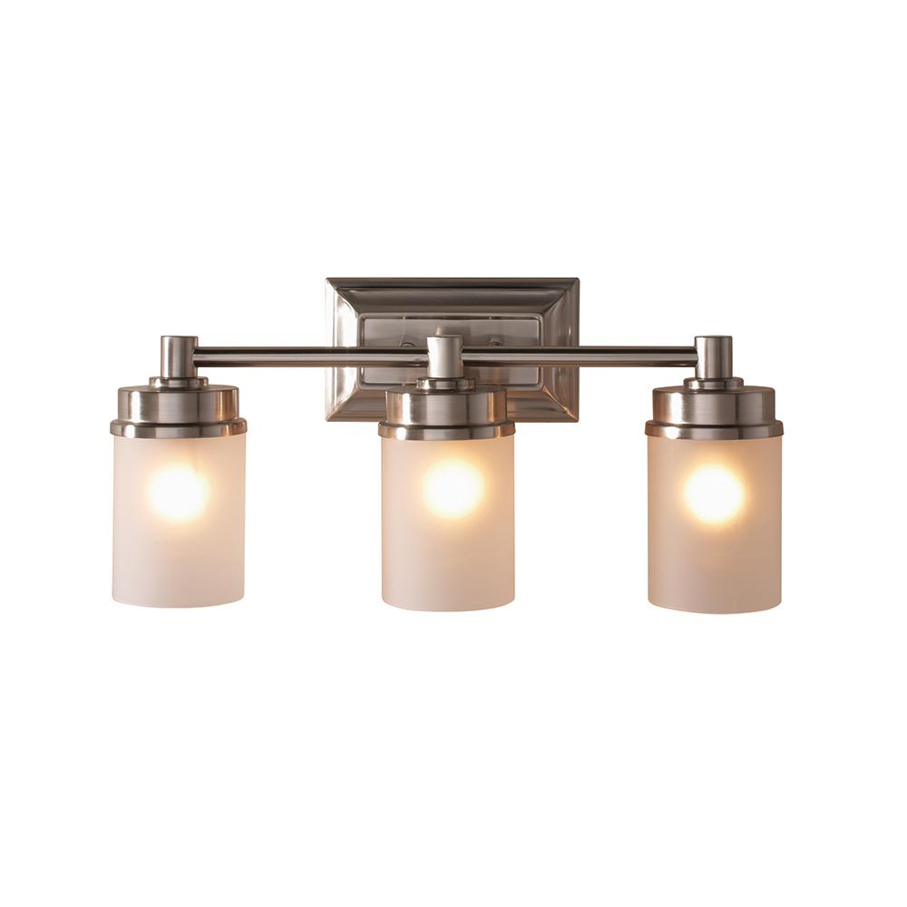 Hampton Bay Cade 3 Light Brushed Nickel Vanity Light With Frosted Glass Shades Nb33307 The Home Depot