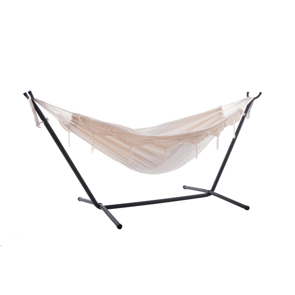 Vivere 9 ft. Cotton Double Hammock with Stand in Natural with Fringe