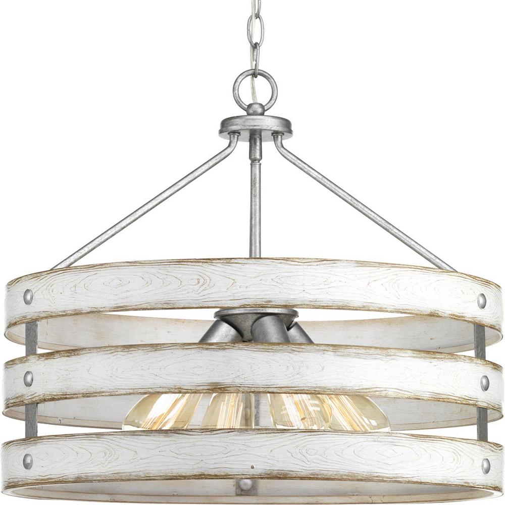 Gulliver 4 Light Galvanized Drum Pendant With Weathered White Wood Accents Gulliver 4 Light Galvanized Drum Pendant With Weathered White Wood Accents
