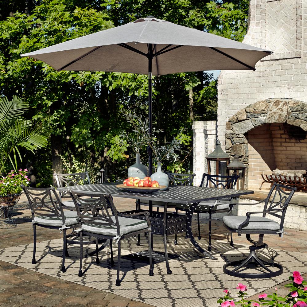 Homestyles La Jolla Gray 7 Piece Aluminum Rectangular Outdoor Dining Set With Gray Cushions And Umbrella And Base 5551 37586 The Home Depot