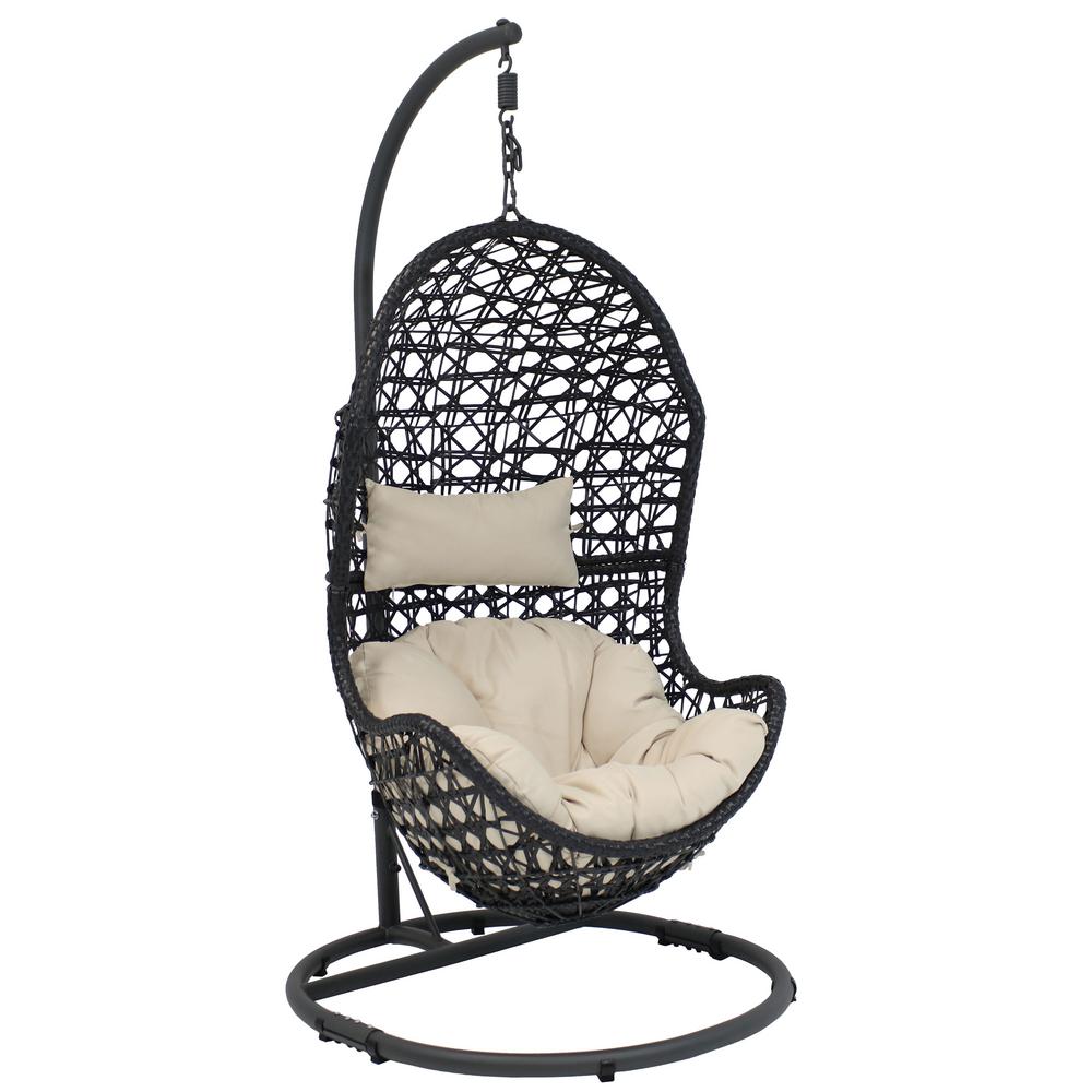 sunnydaze decor cordelia wicker outdoor hanging egg patio lounge chair with  stand and beige cushionsaj796  the home depot