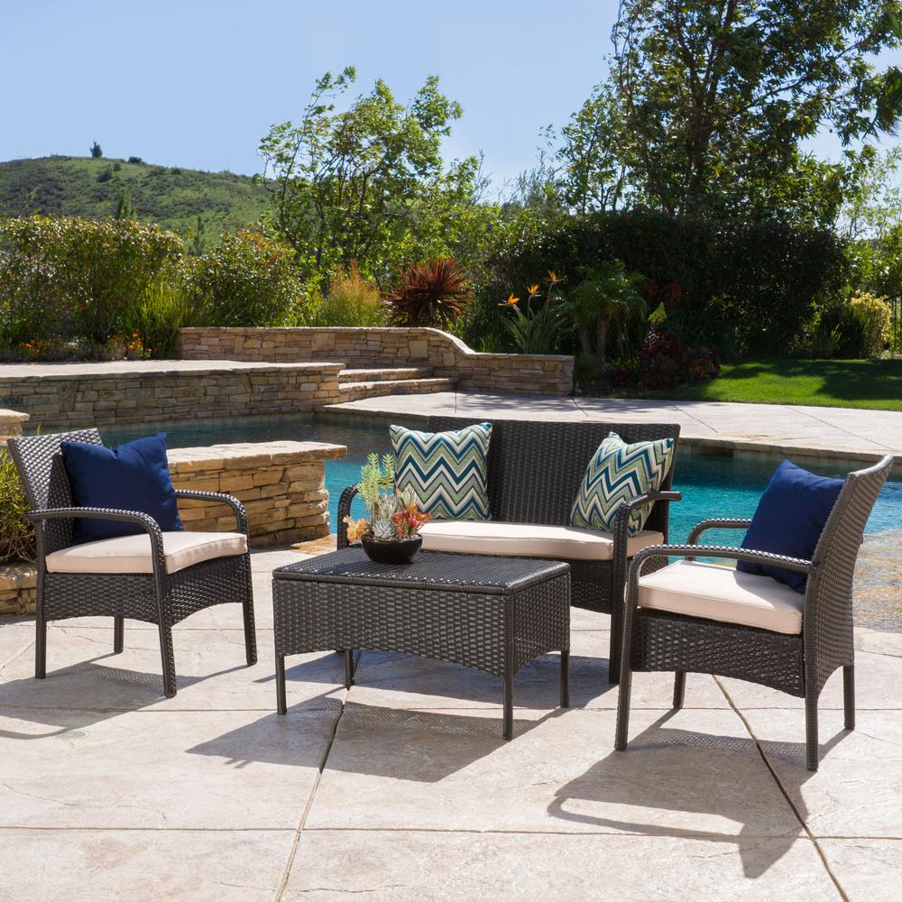 Noble House Cordoba Brown 4-Piece Wicker Patio Conversation Set with ...