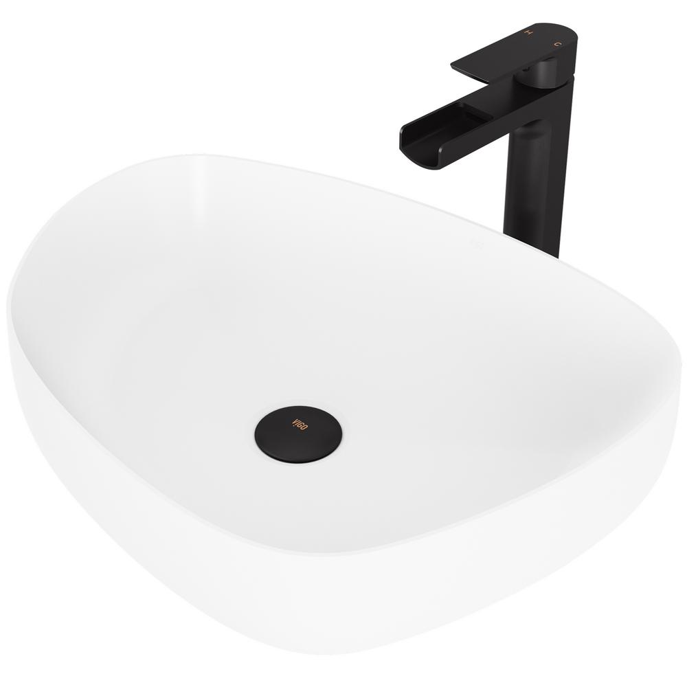 Vigo Peony White Matte Stone Vessel Bathroom Sink Set With Amada