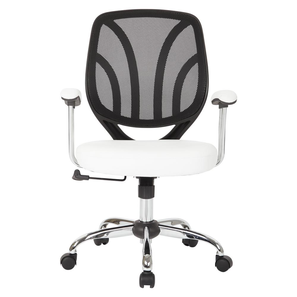 Office Star Products White Faux Leather Screen Back Chair with Chrome Padded Arms and Dual Wheel