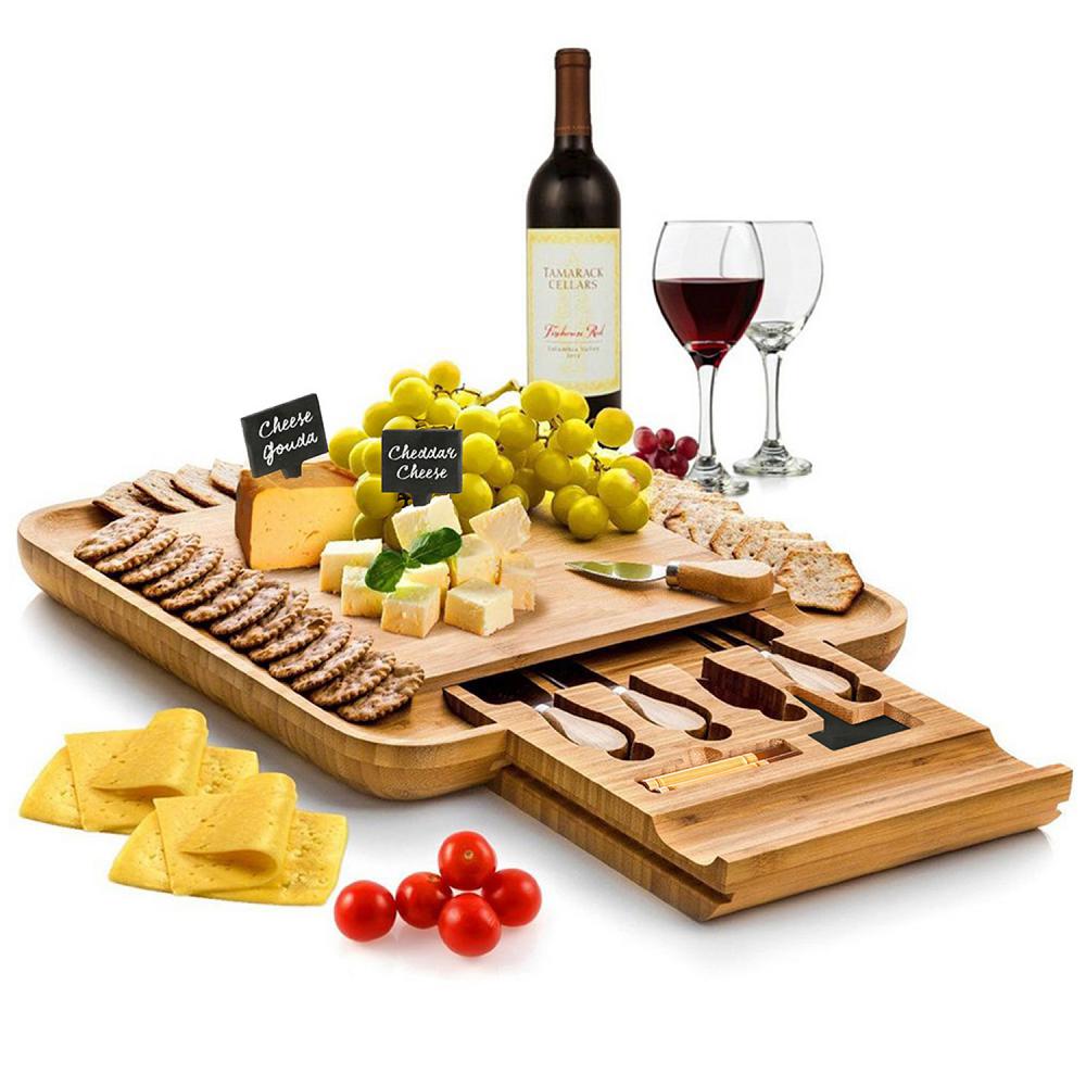 Bambusi Bamboo Cheese Board and Cutlery Set with Slide Out Drawer, Light Brown Wood