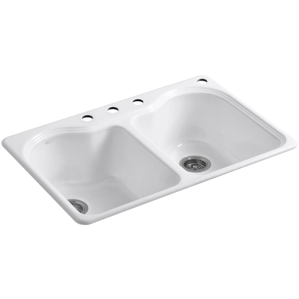 Kohler Hartland Drop In Cast Iron 33 In 4 Hole Double Bowl Kitchen Sink In White