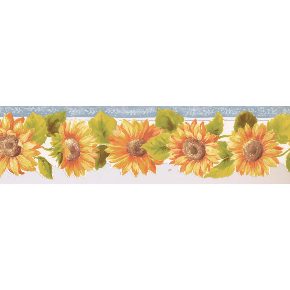 Norwall Orange Yellow Sunflowers Silver Grey Trim Scalloped Floral
