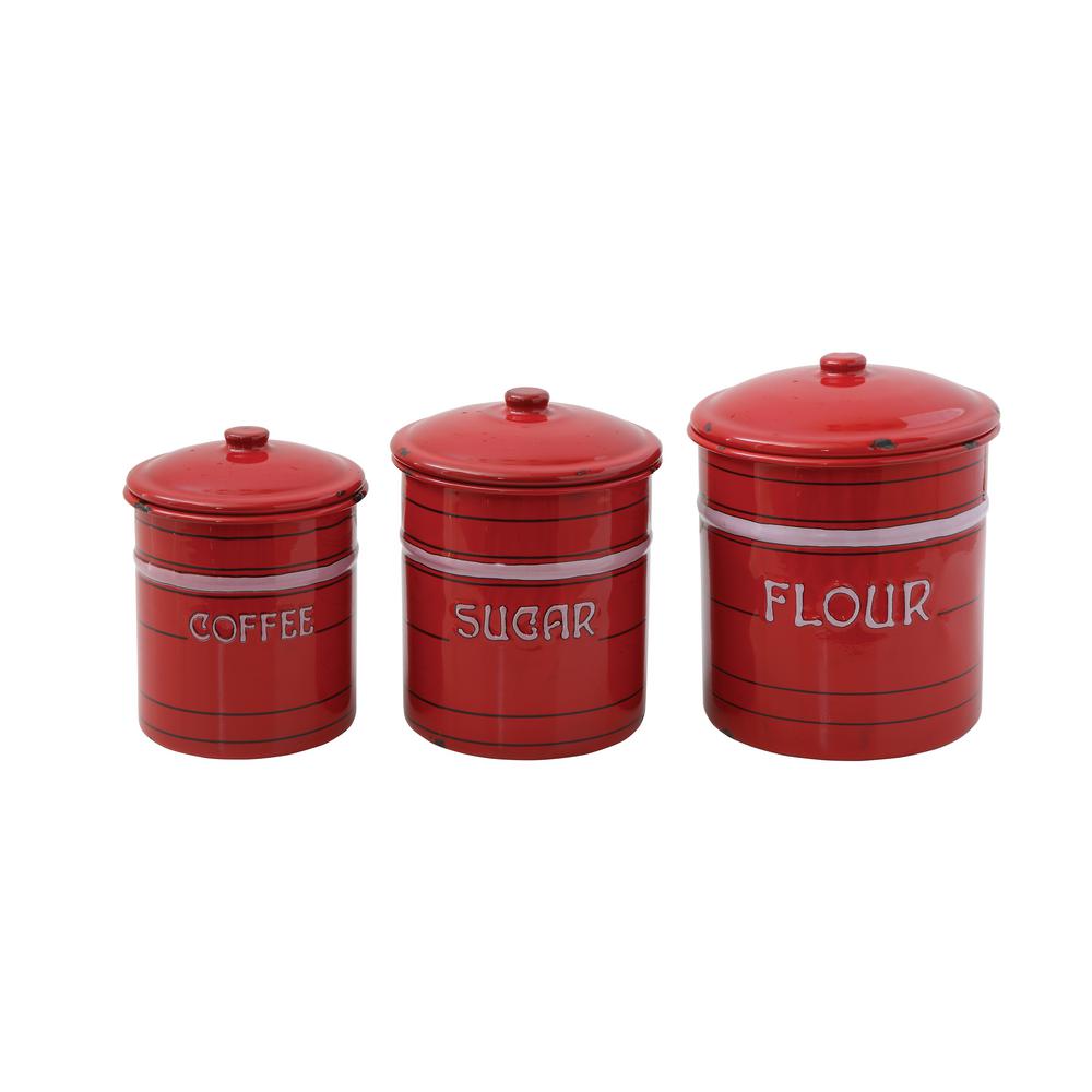 red tea sugar and coffee canisters