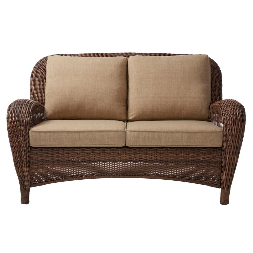 Hampton Bay Beacon Park Brown Wicker Outdoor Patio Loveseat With Standard Toffee Tan Cushions