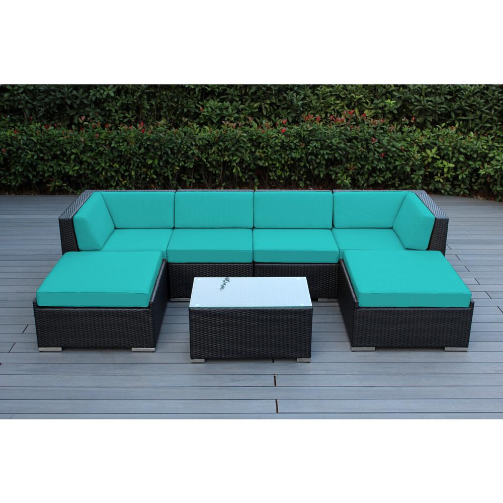 Ohana Depot Ohana Black 7 Piece Wicker Patio Seating Set With Supercrylic Turquoise Cushions Pn0704a Tq The Home Depot