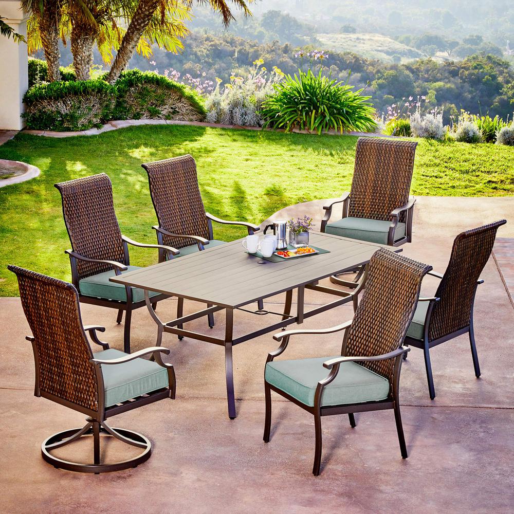 Hampton Bay Belleville 7 Piece Padded Sling Outdoor Dining Set Rhone Valley 7 Piece Wicker Outdoor Dining Set With Teal Cushions