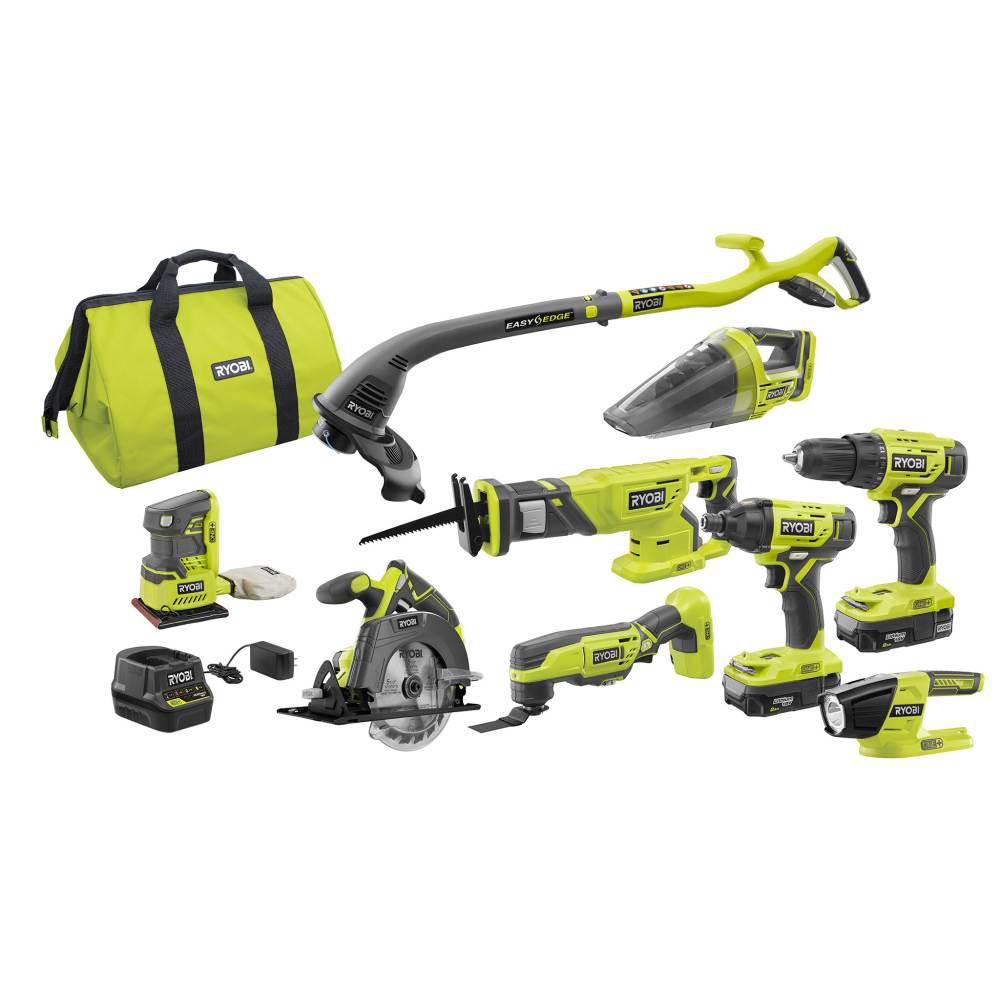 RYOBI 18-Volt ONE+ Lithium-Ion Cordless 9-Tool Combo Kit with (2) Batteries, Charger, and Bag