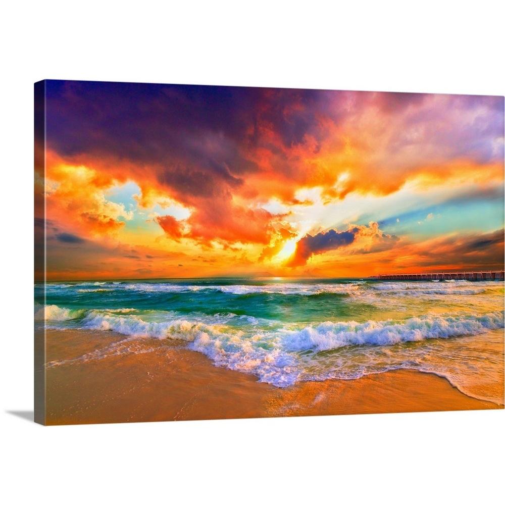 Greatbigcanvas 36 In X 24 In Red Orange Purple Beautiful Beach Sunset By Eszra Tanner Canvas Wall Art 24 36x24 The Home Depot