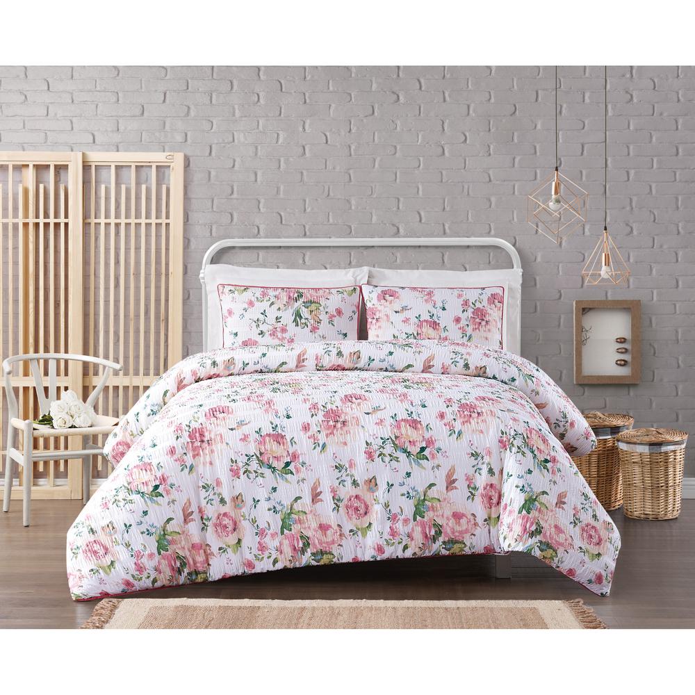 Cottage Classics Blooms Floral Cotton Seersucker White And Pink 3