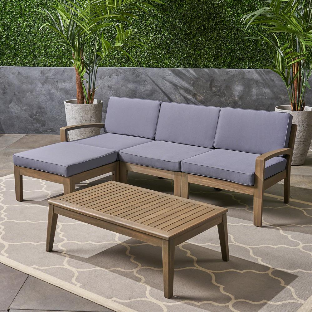 Noble House Grenada Grey 5 Piece Acacia Wood Patio Conversation Sectional Seating Set With Dark Grey Cushions 53958 The Home Depot
