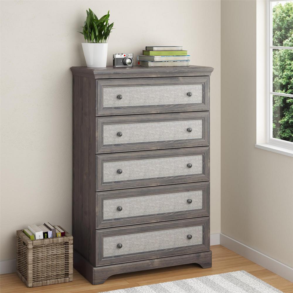 Ameriwood Home Hillside Weathered Oak 5 Drawer Dresser With Fabric